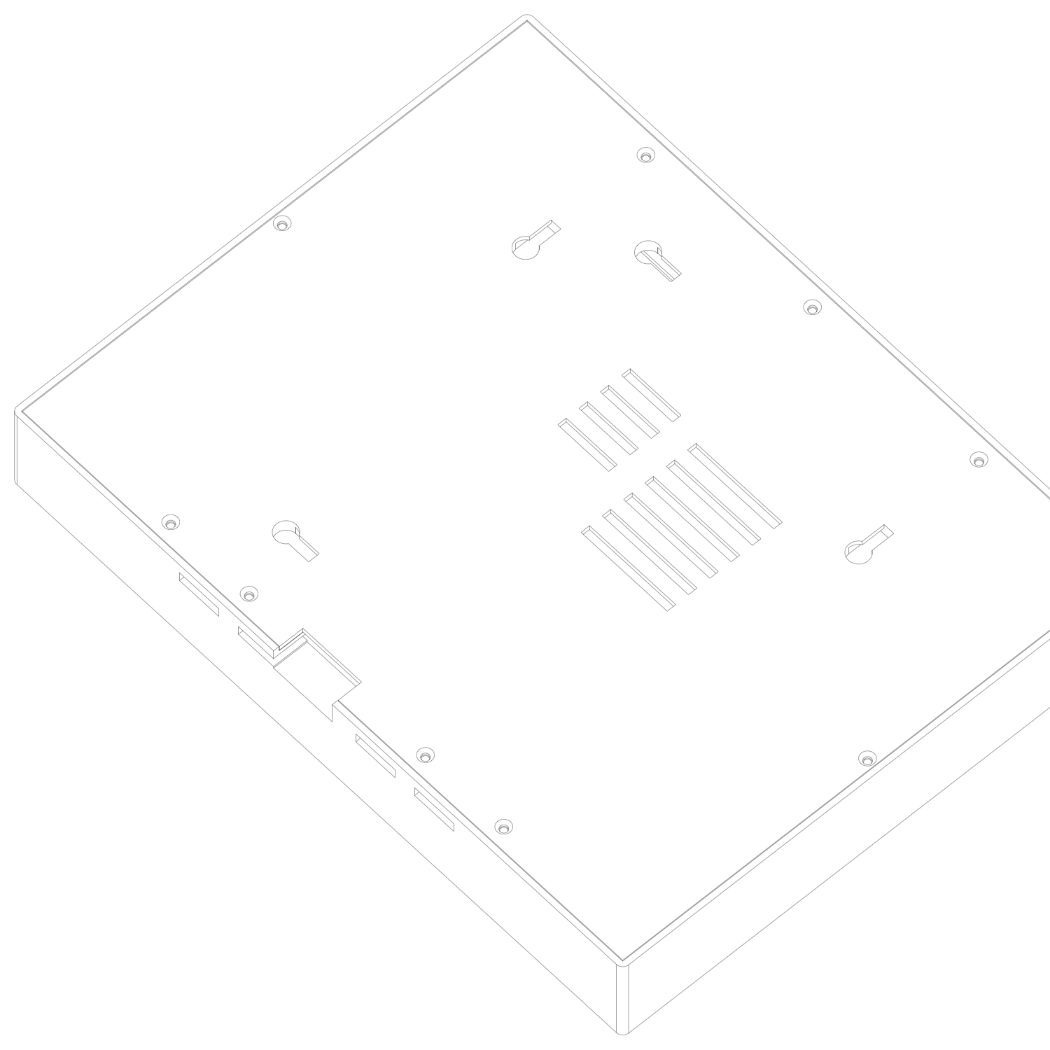Angled isometric line render of the assembled back cover showing keyhole recesses and countersunk screw holes