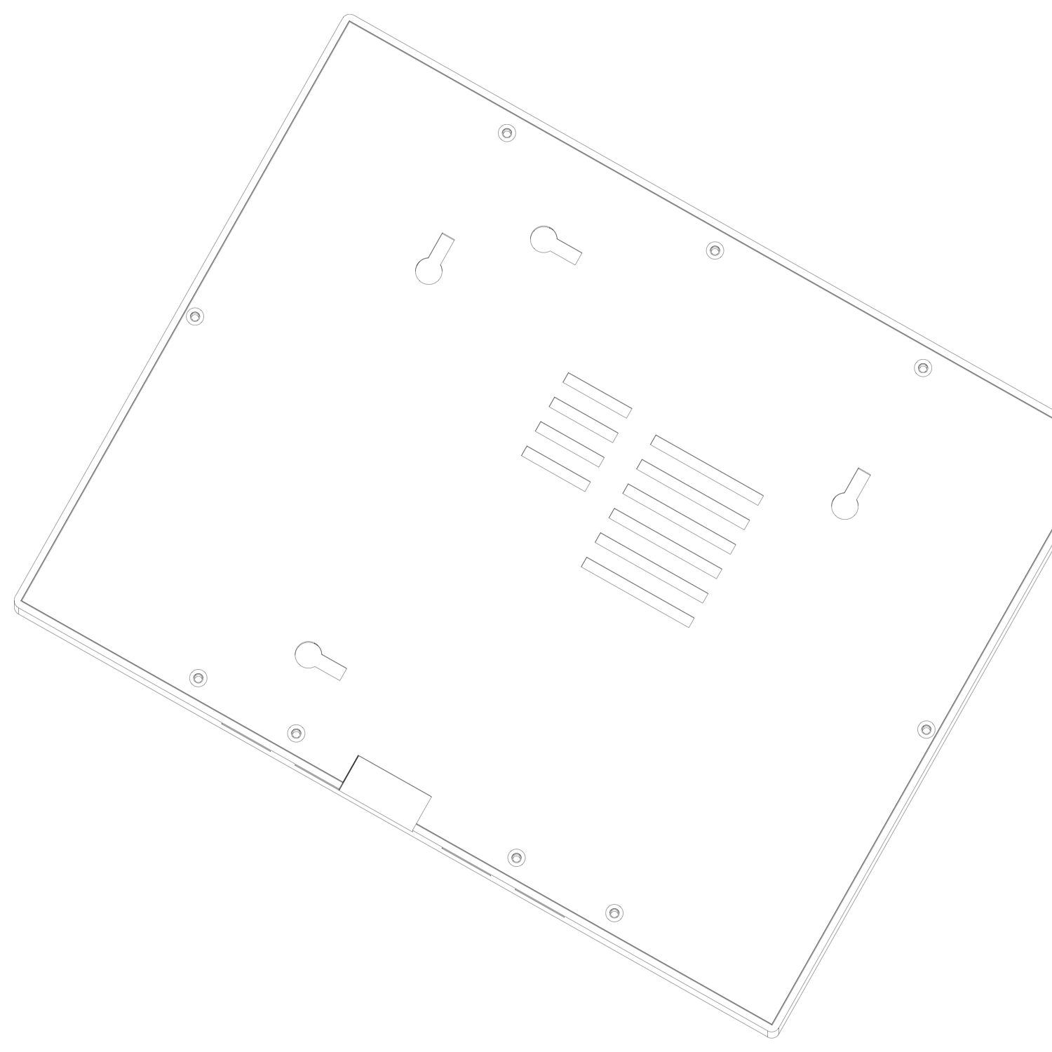 Isometric line render of the back cover exterior — four recessed keyholes for landscape and portrait hanging, a vent grid over the Pi zone, and the cable notch at the bottom edge