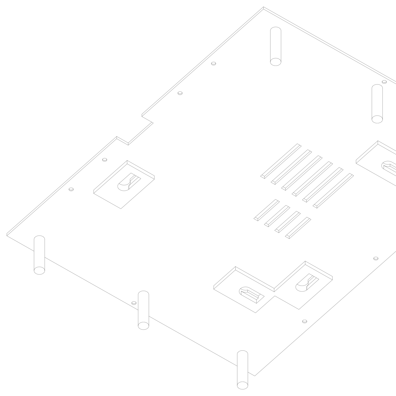 Isometric line render of the back cover interior — foam-tipped clamp posts, recessed keyhole pads, the vent grid over the Pi zone, and the cable notch at the bottom edge