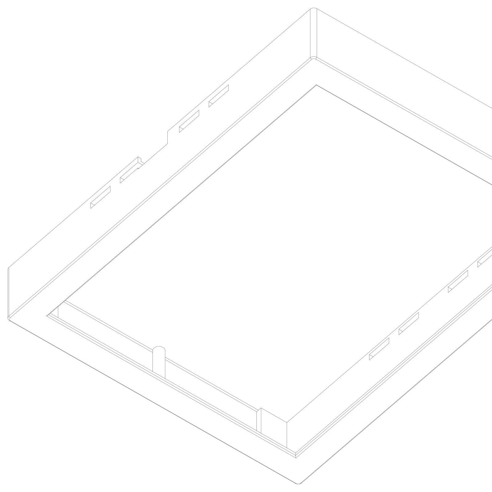 Isometric line render of the front frame from inside — the panel pocket, button channel along one wall, and vent slots through the top and bottom walls