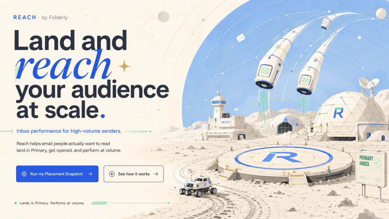 A directed moon-base hero for Reach: flat illustrated world, one muted blue, real headline