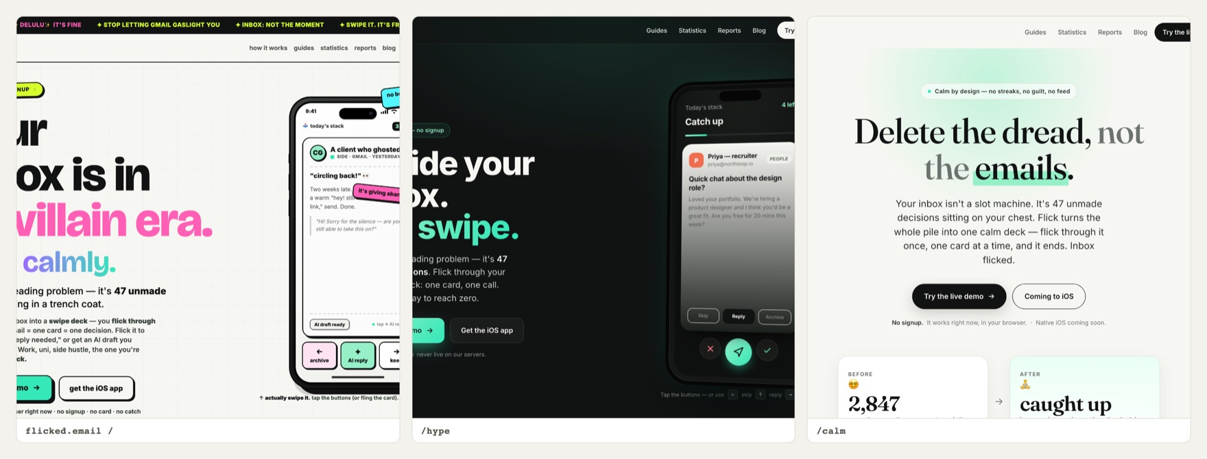 flicked.email's three landing pages — chaos, hype, calm — side by side