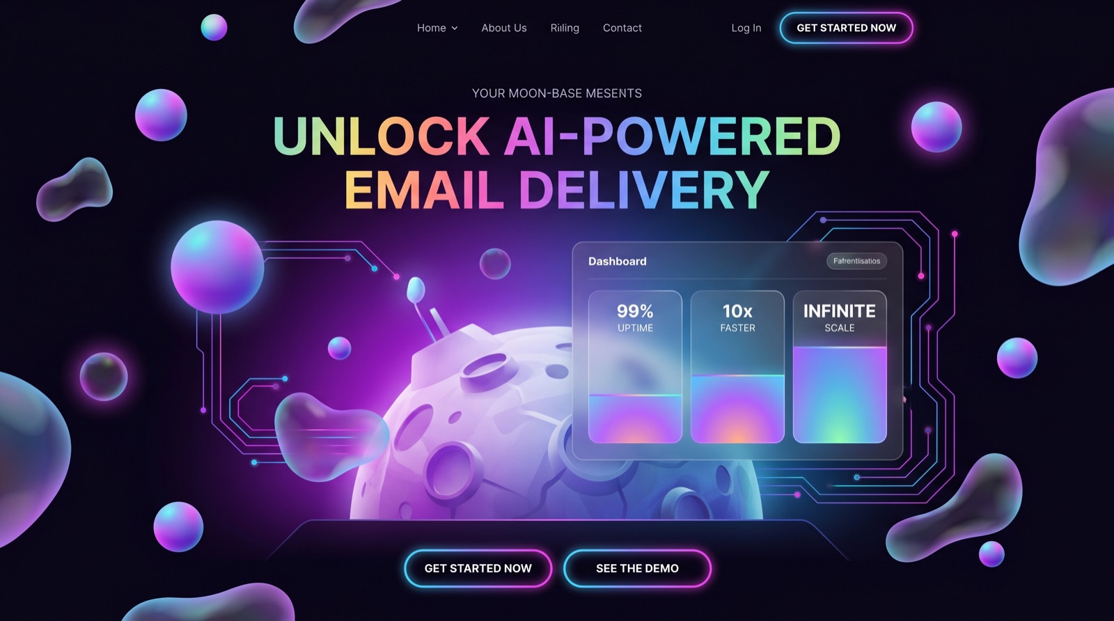 A generic-AI slop landing page: purple glow, floating blobs, a fake dashboard with invented stats